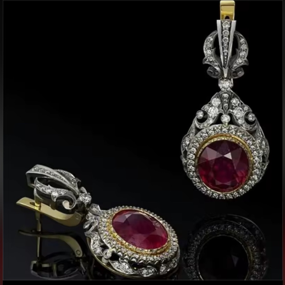 2 tones vintage crystal Silver and Red Teardrop Earrings - Picture 4 of 5
